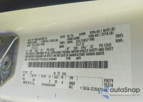 2016 Ford Escape S from USA, damaged, VIN 1FMCU0F7XGUC34540